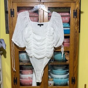 Lulu's White Ruched Puff Sleeve Bodysuit
